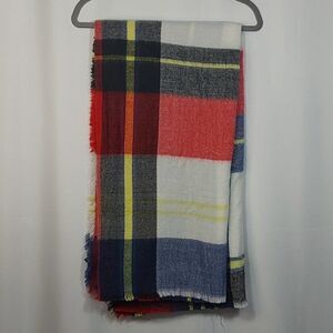 Zara Madras Plaid Maxi Scarf Wrap Blanket Red Blue Yellow White Fringe Hem (12)